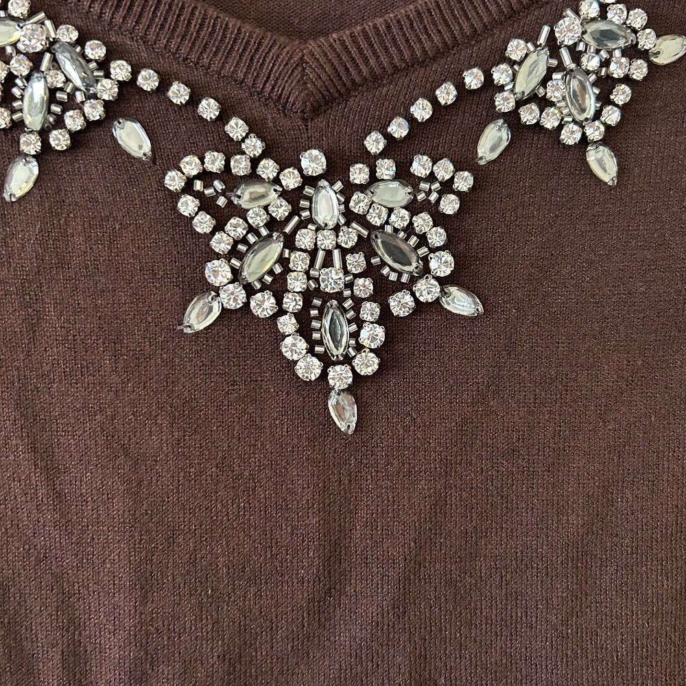 Kate Hill Vintage Brown Silk Cashmere Blend Embellished V-Neck Sweater XL‎ - Picture 4 of 7